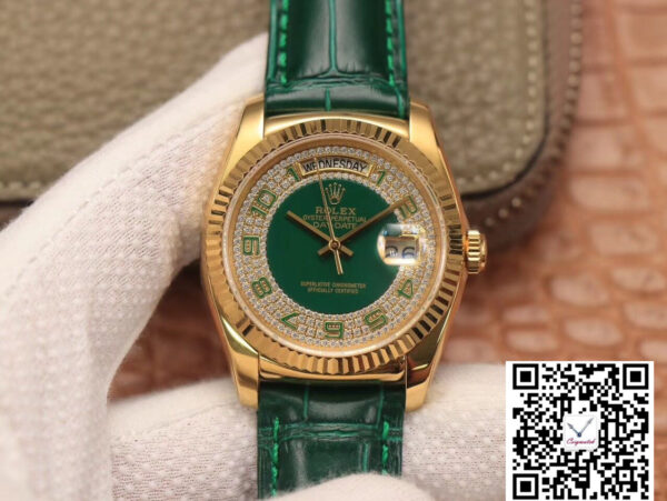 Replica Rolex Day-Date 36mm Green Enamel Diamond Gypsophila Gold dial watch