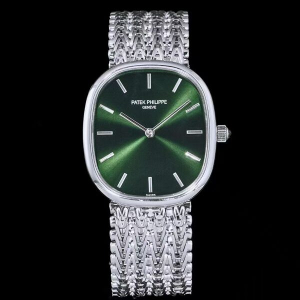 Green dial 5738 watch with silver-tone chain-link bracelet - front view